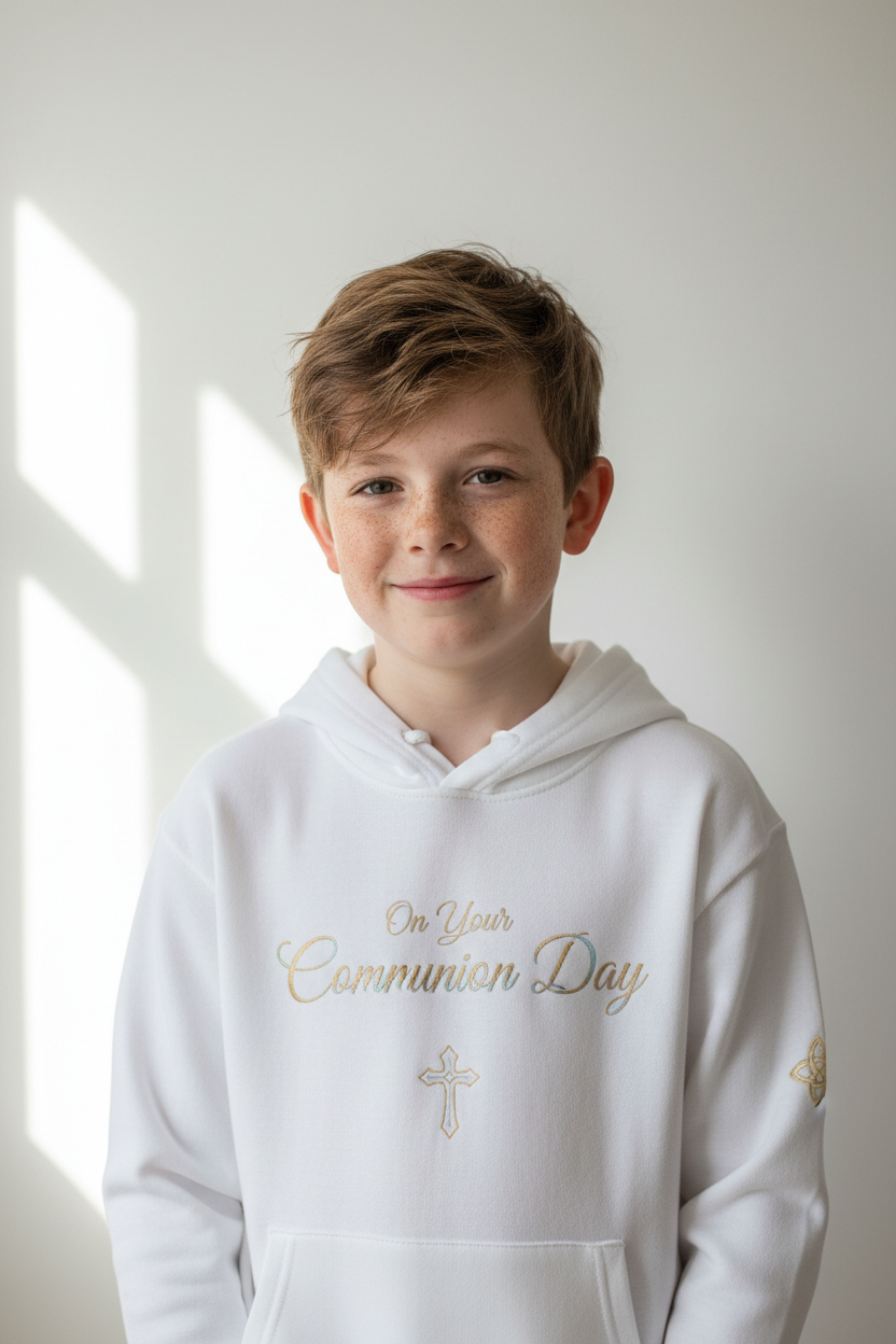 boy wearing a simple communion day hoodie with text saying on your communion day